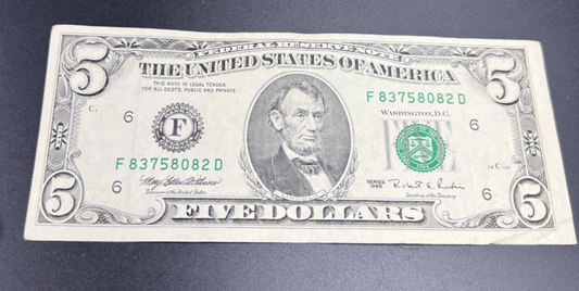 1995 $5 FRN Federal Reserve Note VF Very Fine Circ #082