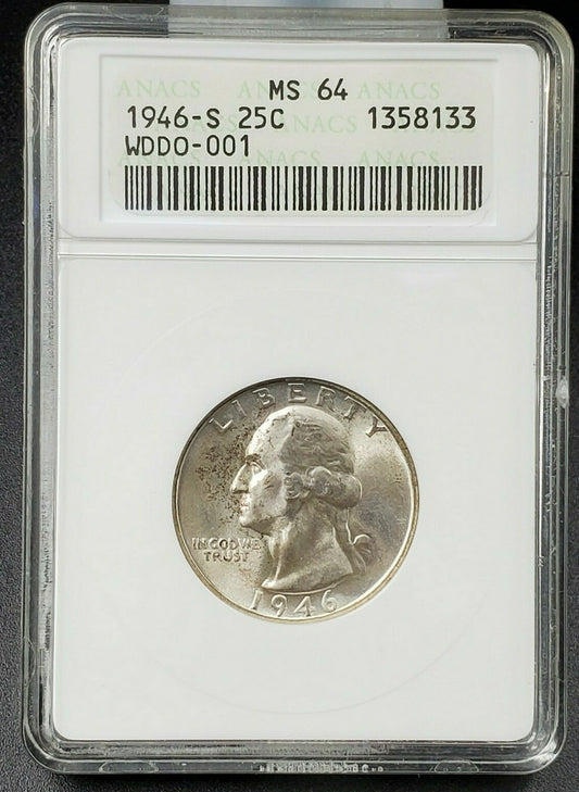 1946 S Washington Quarter Variety #133 ANACS MS64 DDO-001 DMR-002 Double Die OBV