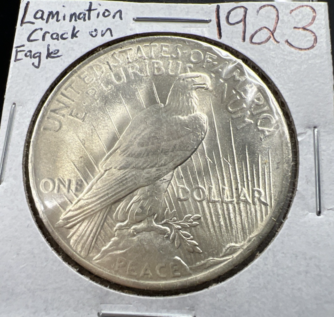 1923 P $1 Peace Silver Dollar Coin Reverse Lamination Error CH BU