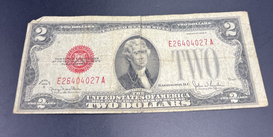 1928 G $2 Two Dollar Legal Tender United States Red Seal Note Very Circ #027