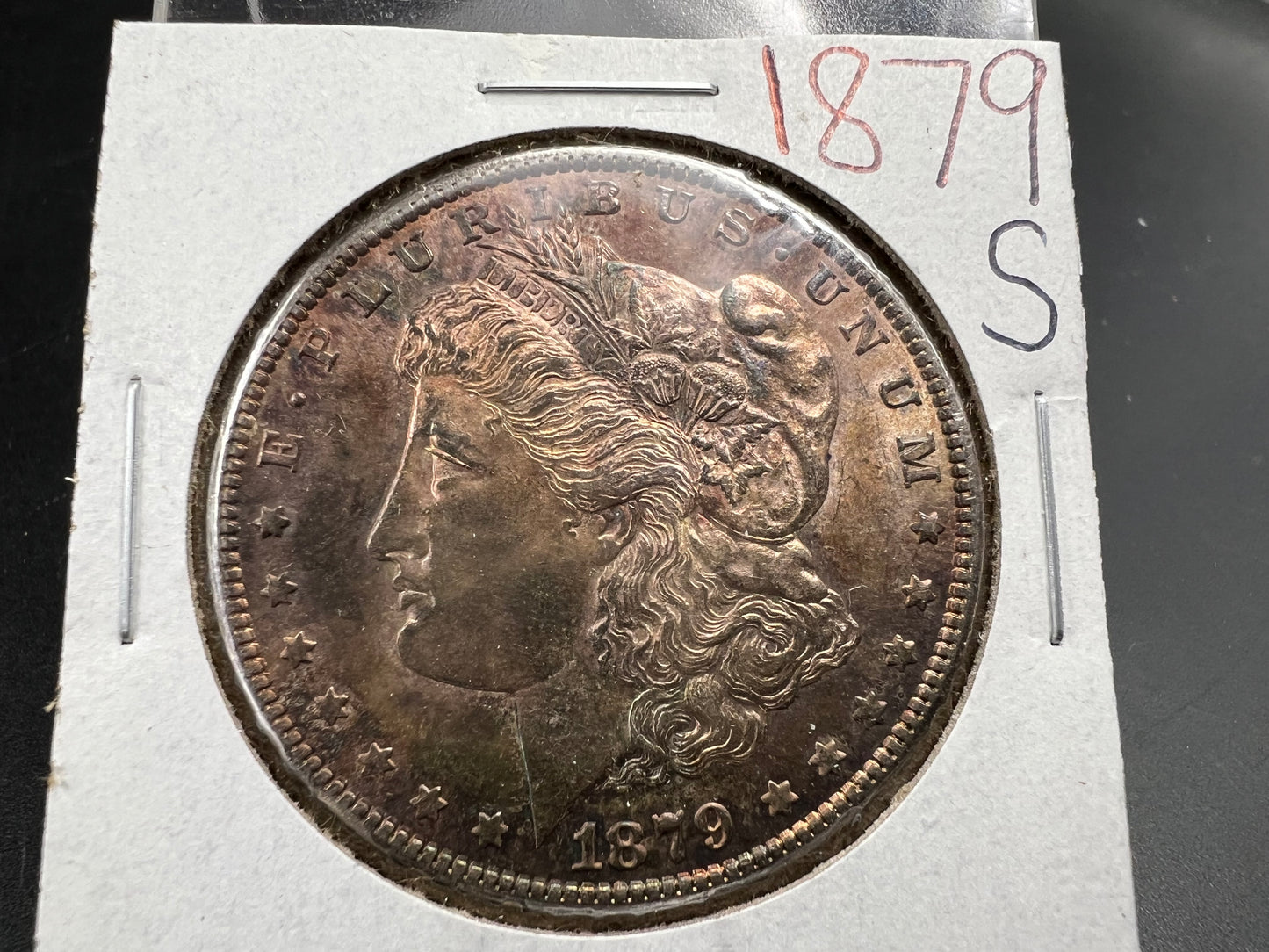 1879 S $1 Morgan Silver Dollar Coin CH AU About UNC Neat Toning Toner Obverse