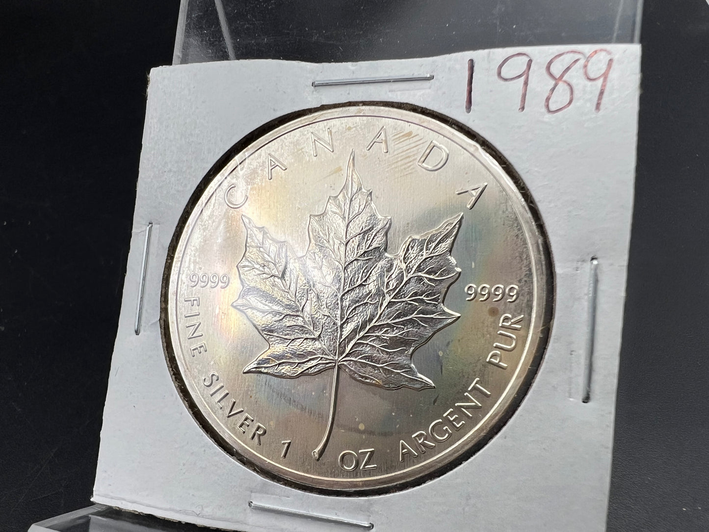 1989 1 oz .9999 Ultra Fine Canada Silver Maple Leaf Coin GEM UNC PQ Toning Toner sk#b