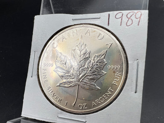 1989 1 oz .9999 Ultra Fine Canada Silver Maple Leaf Coin GEM UNC PQ Toning Toner sk#b
