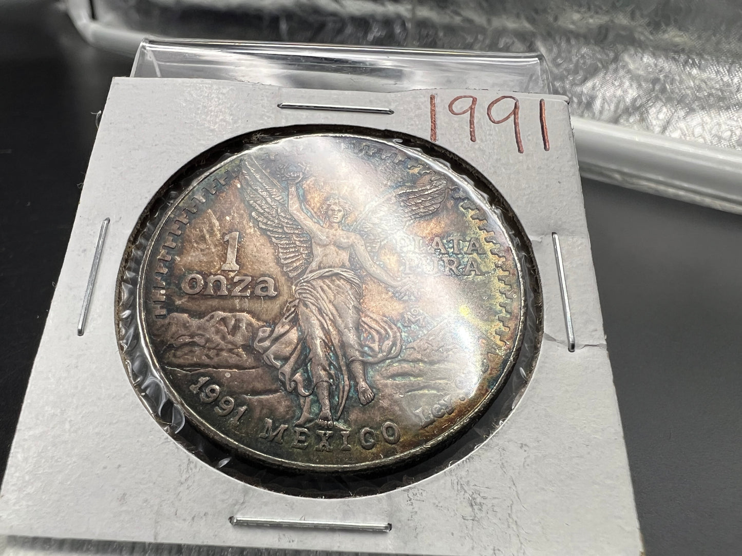 1991 1 Oz Silver Mexico Libertad Coin Type 1 Gem BU PQ Blue Toning Toner