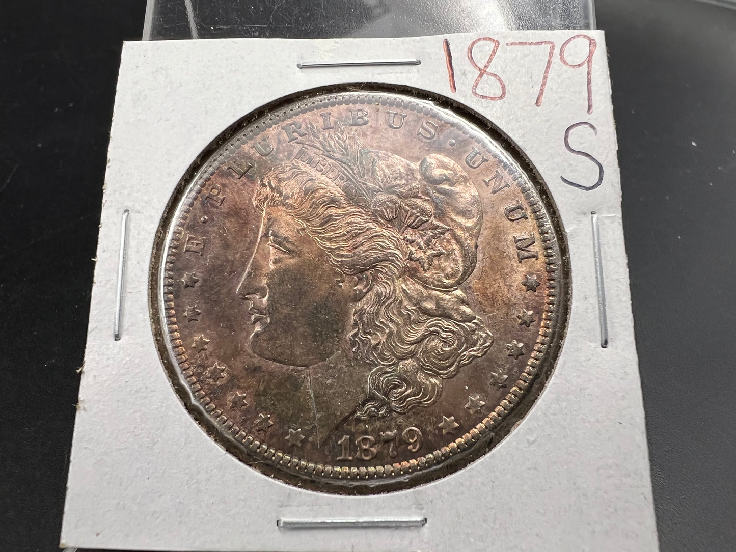 1879 S $1 Morgan Silver Dollar Coin CH AU About UNC Neat Toning Toner Obverse