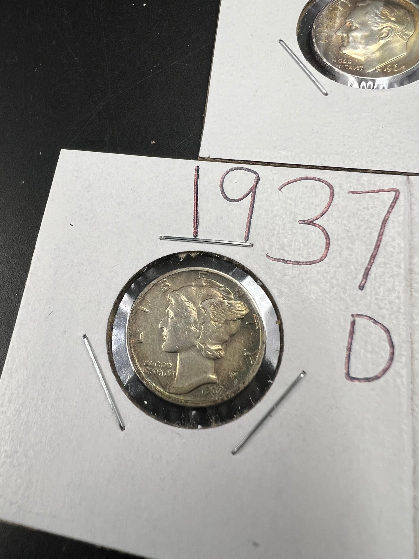 Silver Dime Toner Trio 1937 D & 1944 Mercury Circ Toner Dimes & 1964 Roosevelt Amber toner UNC