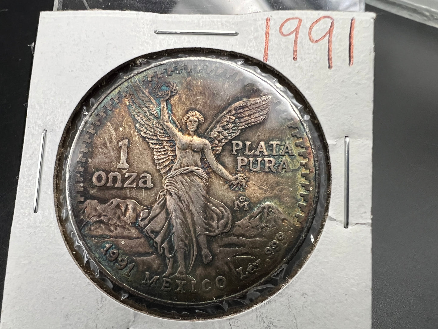 1991 1 Oz Silver Mexico Libertad Coin Type 1 Gem BU PQ Blue Toning Toner