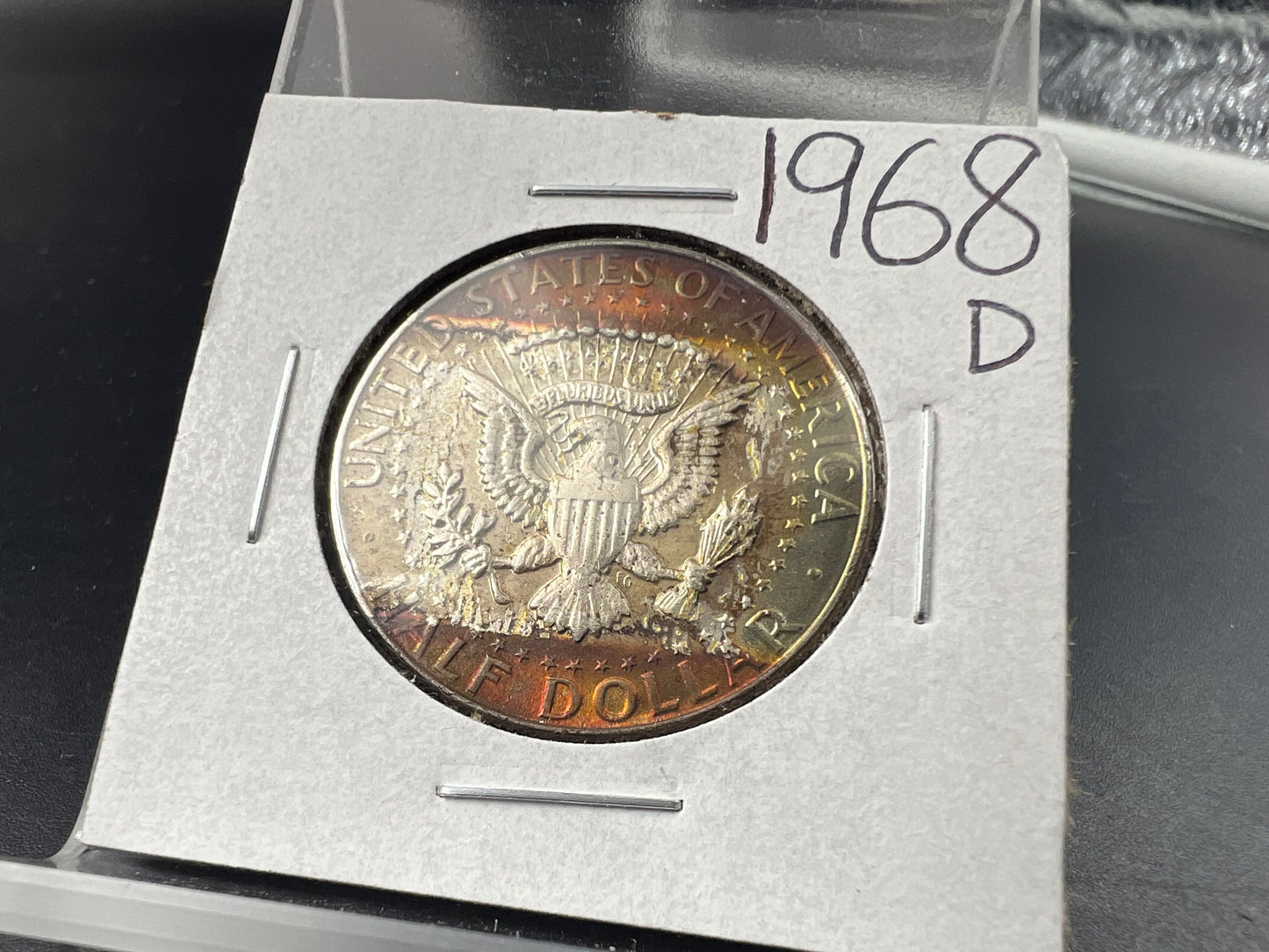 1968 D 50c Kennedy 40% Silver half dollar Coin AU PQ Toning Reverse