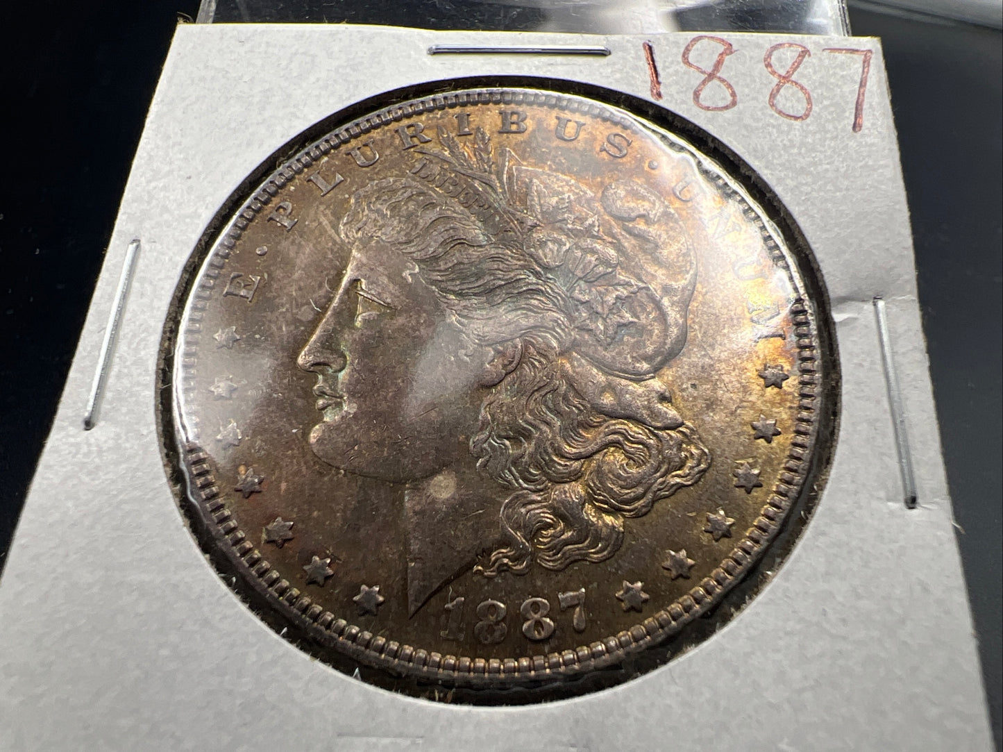 1887 P $1 Morgan Silver Dollar Coin AU About UNC Nice Amber Toning Toner Obverse