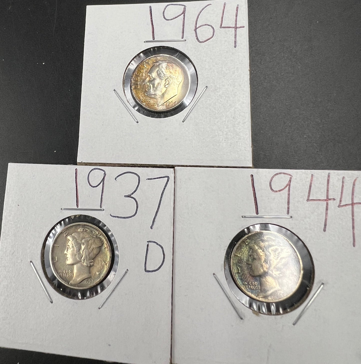 Silver Dime Toner Trio 1937 D & 1944 Mercury Circ Toner Dimes & 1964 Roosevelt Amber toner UNC