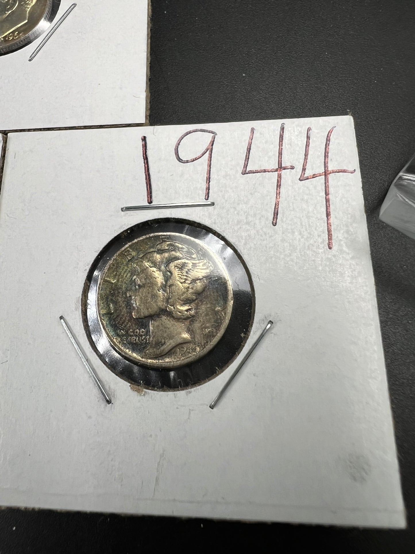 Silver Dime Toner Trio 1937 D & 1944 Mercury Circ Toner Dimes & 1964 Roosevelt Amber toner UNC