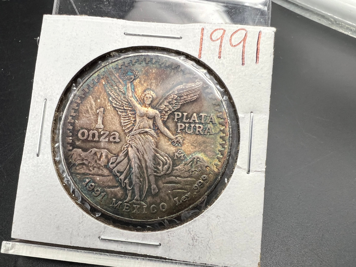 1991 1 Oz Silver Mexico Libertad Coin Type 1 Gem BU PQ Blue Toning Toner