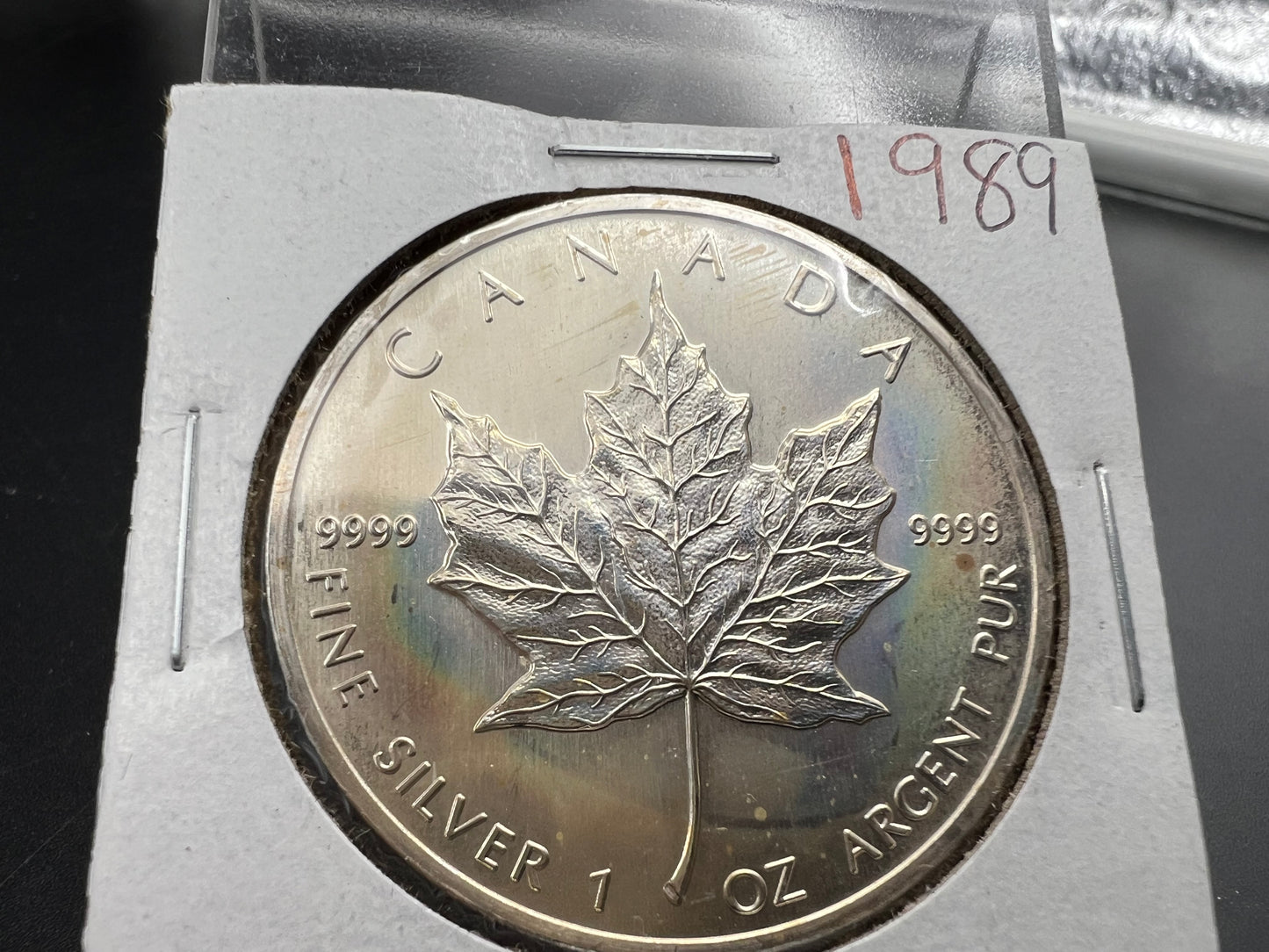 1989 1 oz .9999 Ultra Fine Canada Silver Maple Leaf Coin GEM UNC PQ Toning Toner sk#b