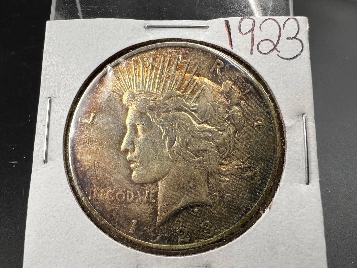 1923 $1 Peace 90% Silver Dollar Coin AU Nice Toning Toner Amber Obverse