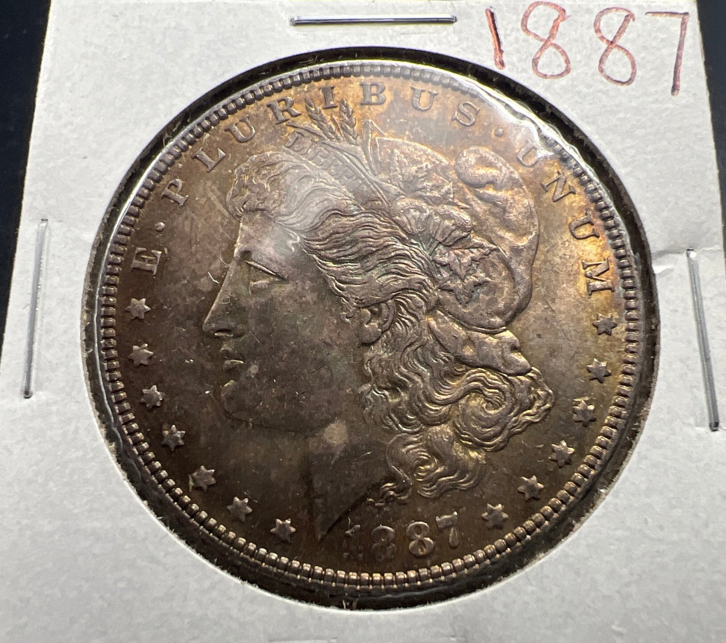 1887 P $1 Morgan Silver Dollar Coin AU About UNC Nice Amber Toning Toner Obverse