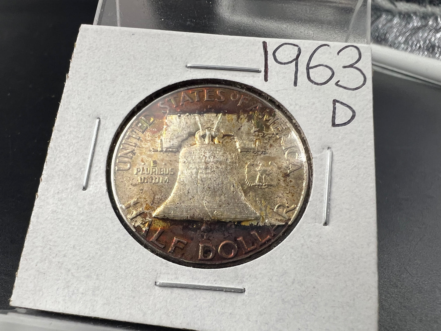 1963 D 50c Franklin Silver Half Dollar Coin XF / AU PQ Toning Reverse