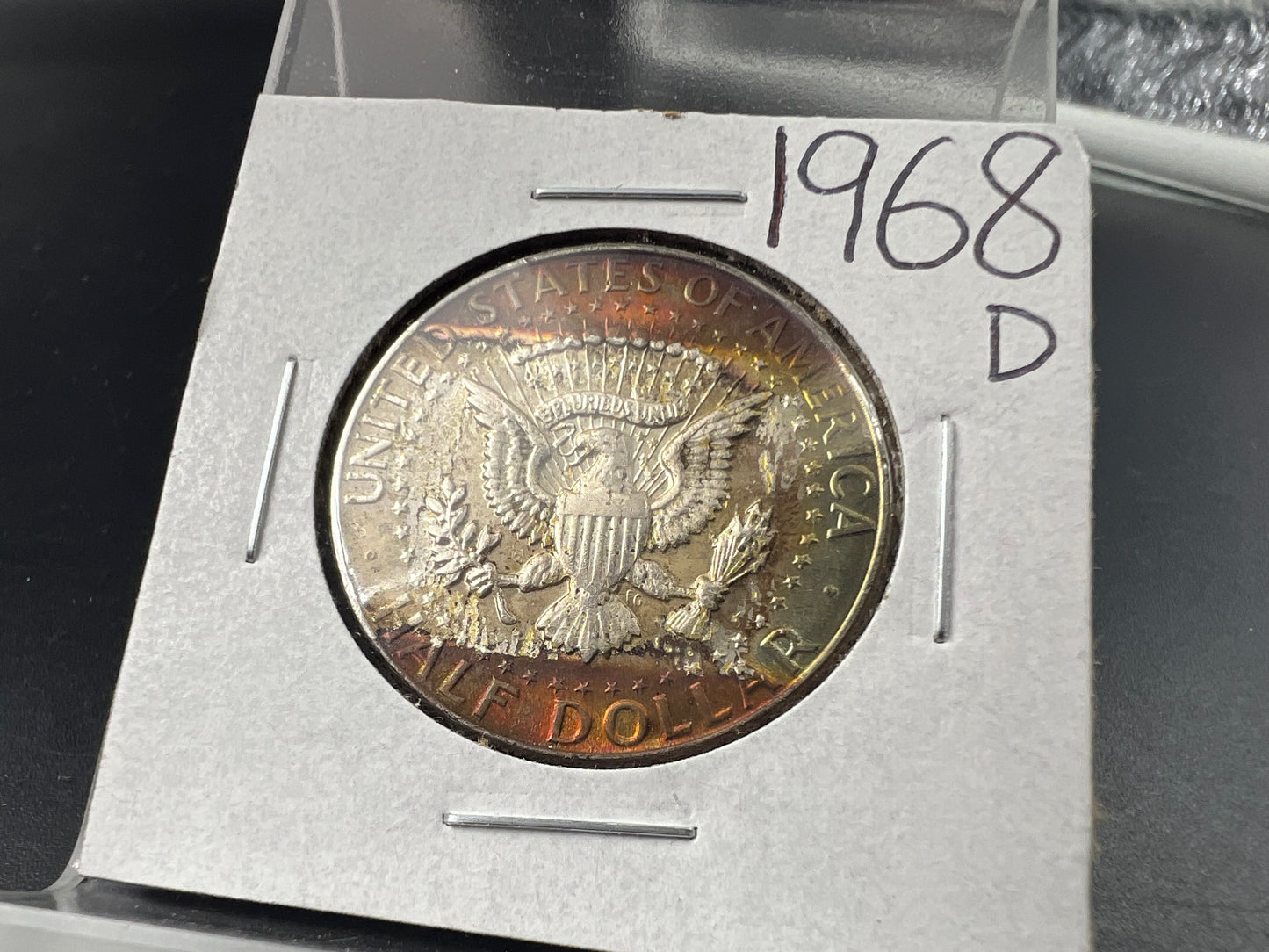 1968 D 50c Kennedy 40% Silver half dollar Coin AU PQ Toning Reverse