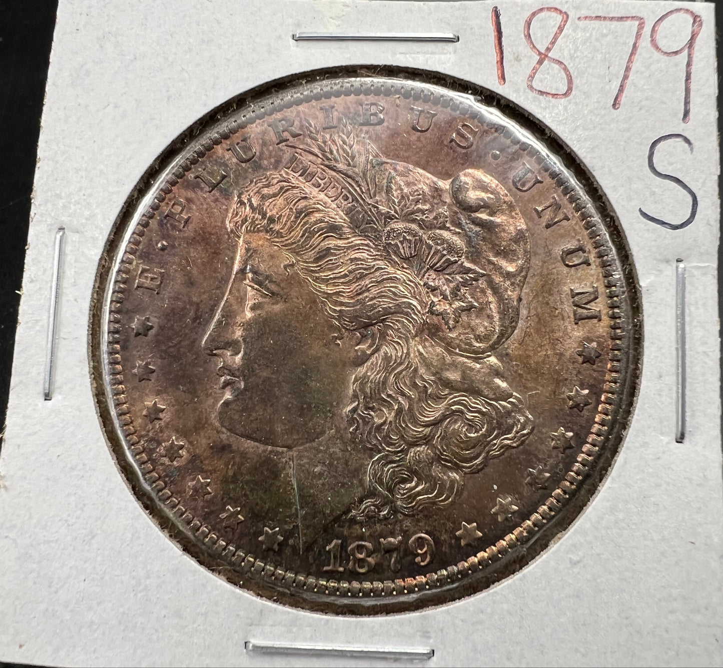 1879 S $1 Morgan Silver Dollar Coin CH AU About UNC Neat Toning Toner Obverse