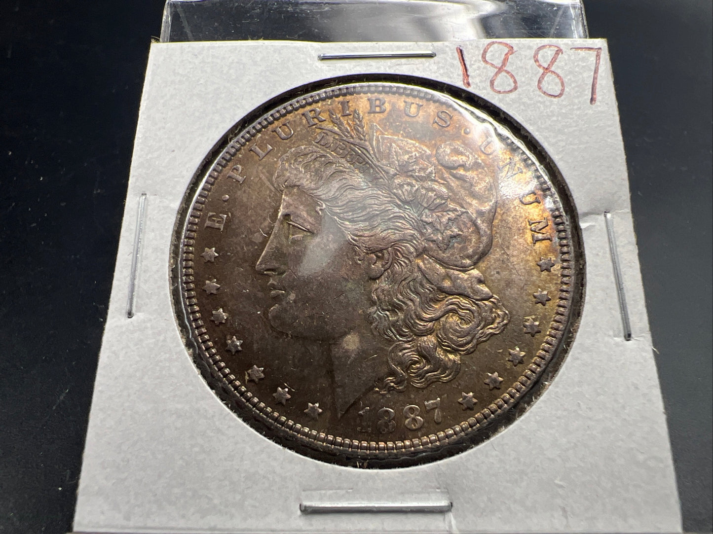 1887 P $1 Morgan Silver Dollar Coin AU About UNC Nice Amber Toning Toner Obverse