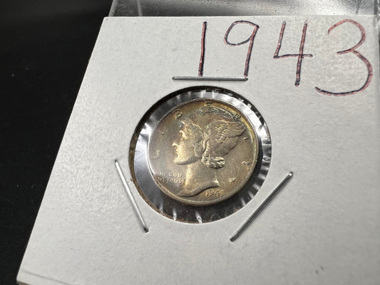 1943 P 10c Mercury Silver Dime Coin AU Neat Toning Toner SK#1a