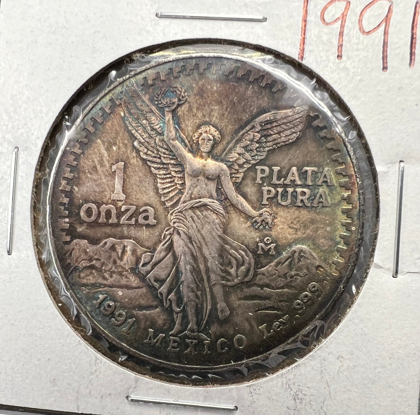 1991 1 Oz Silver Mexico Libertad Coin Type 1 Gem BU PQ Blue Toning Toner