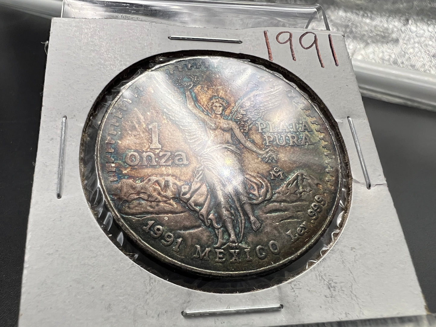 1991 1 Oz Silver Mexico Libertad Coin Type 1 Gem BU PQ Blue Toning Toner