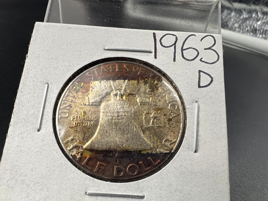 1963 D 50c Franklin Silver Half Dollar Coin XF / AU PQ Toning Reverse