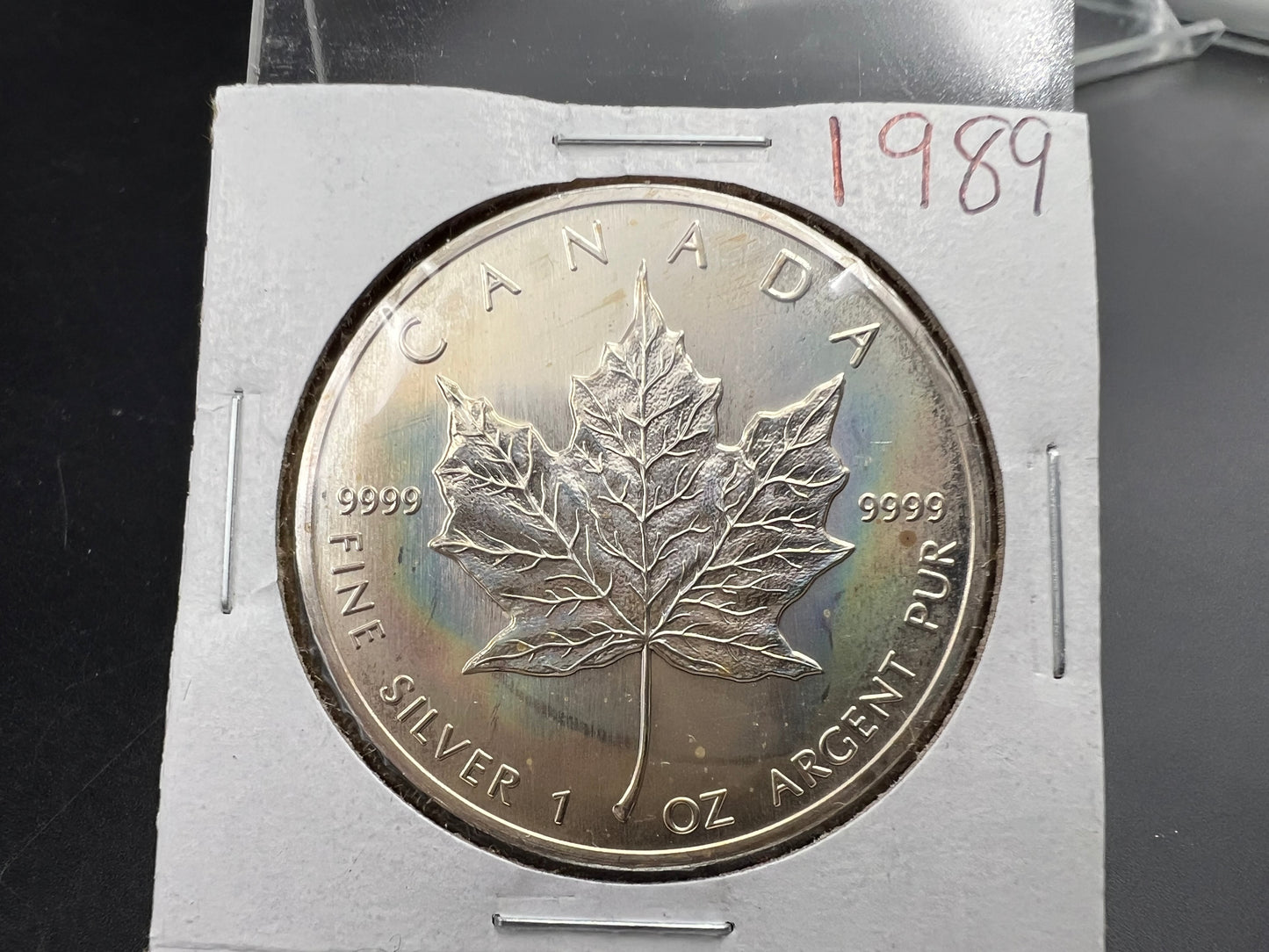 1989 1 oz .9999 Ultra Fine Canada Silver Maple Leaf Coin GEM UNC PQ Toning Toner sk#b