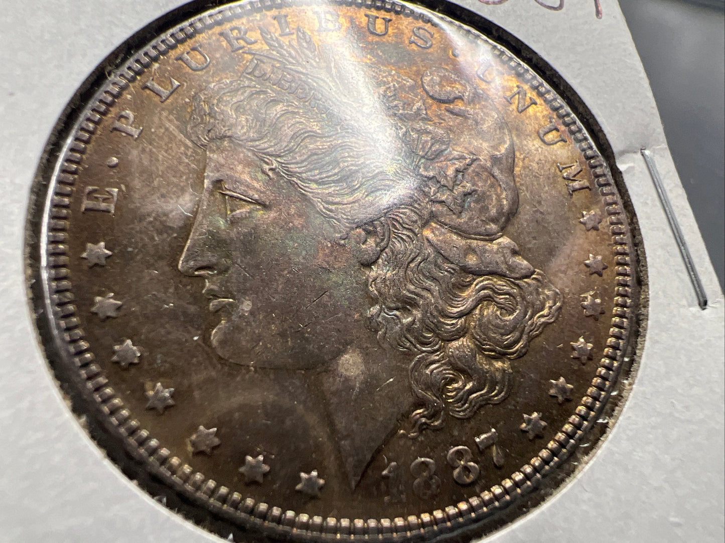1887 P $1 Morgan Silver Dollar Coin AU About UNC Nice Amber Toning Toner Obverse