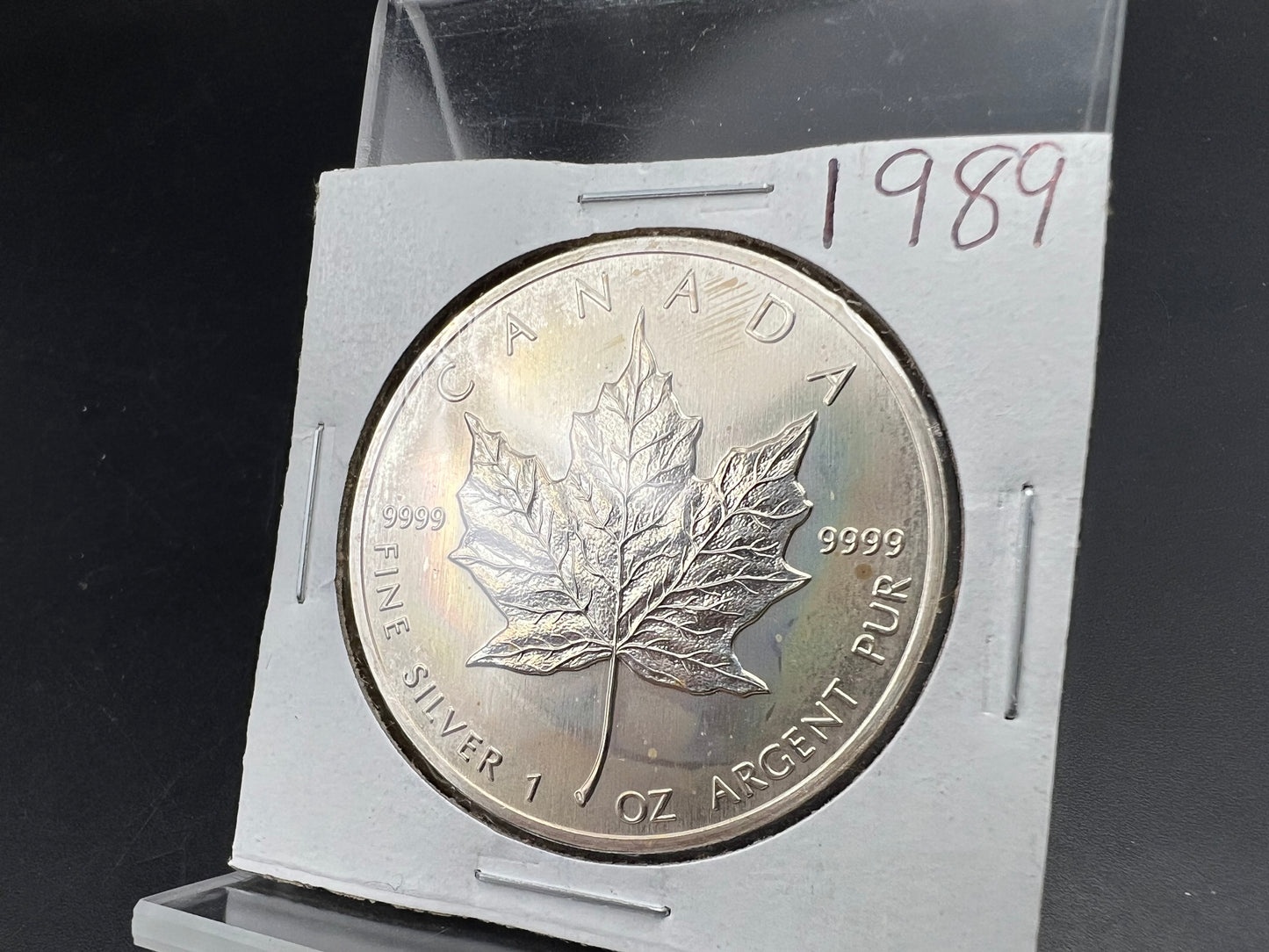 1989 1 oz .9999 Ultra Fine Canada Silver Maple Leaf Coin GEM UNC PQ Toning Toner sk#b