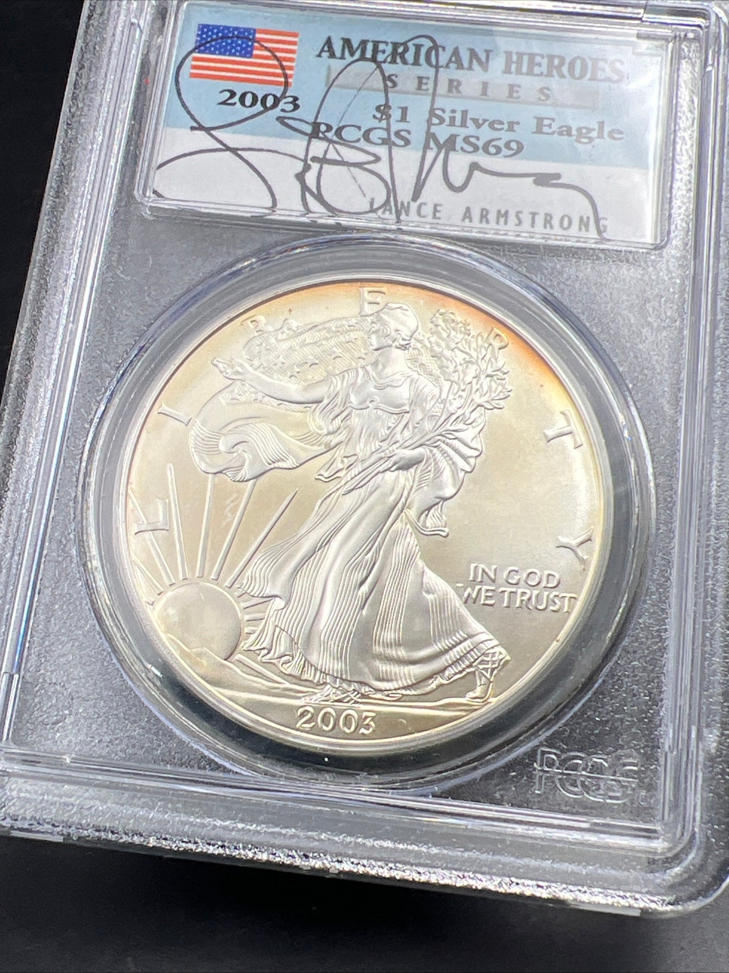 Toner American Heroes Lance Armstrong Signed PCGS 2003 1 Oz American Silver Eagle