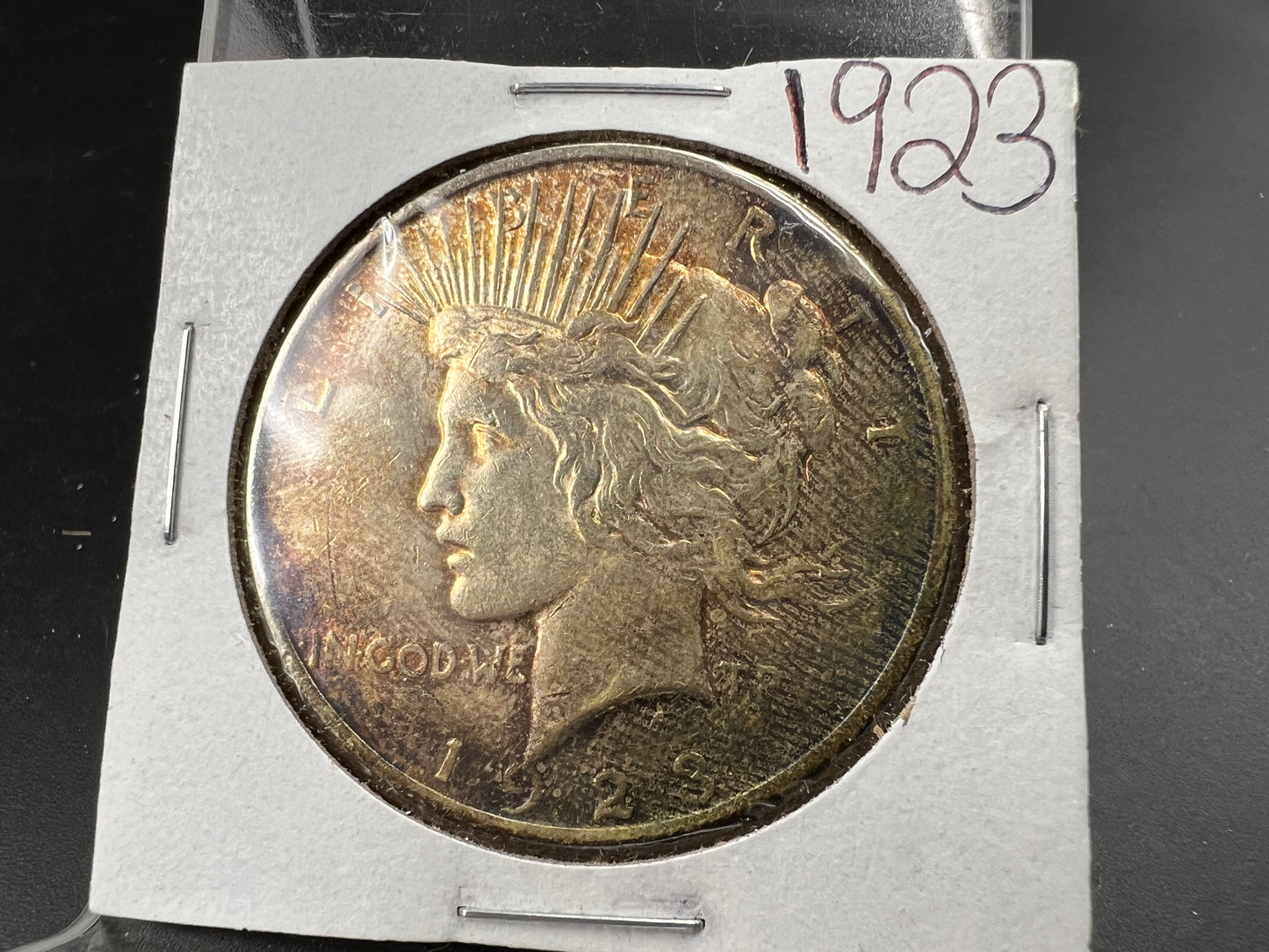 1923 $1 Peace 90% Silver Dollar Coin AU Nice Toning Toner Amber Obverse