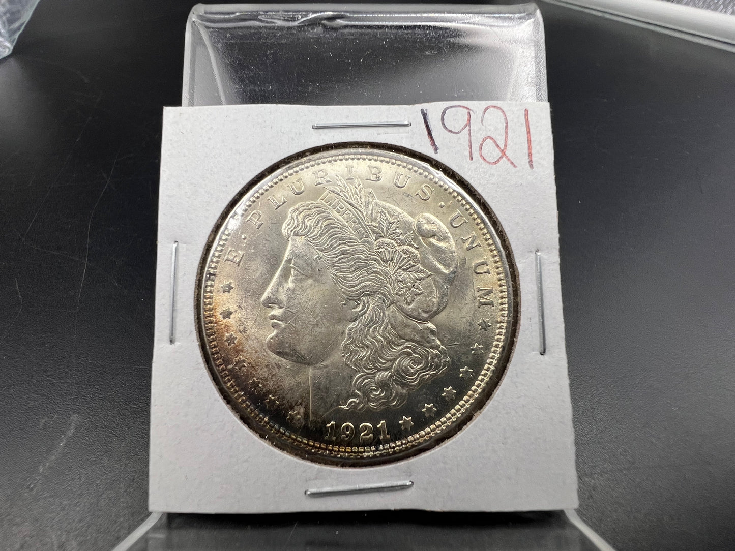 1921 P $1 Morgan Silver Dollar Coin Neat Toning Toner obverse CH BU