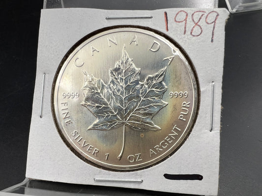 1989 1 oz .9999 Ultra Fine Canada Silver Maple Leaf Coin GEM UNC PQ Toning Toner sk#a