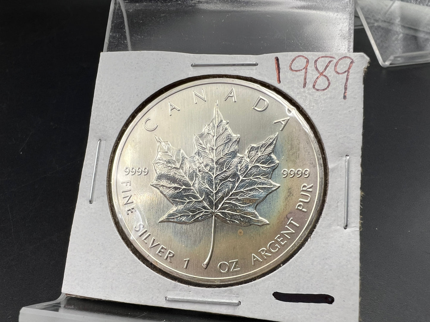 1989 1 oz .9999 Ultra Fine Canada Silver Maple Leaf Coin GEM UNC PQ Toning Toner sk#a
