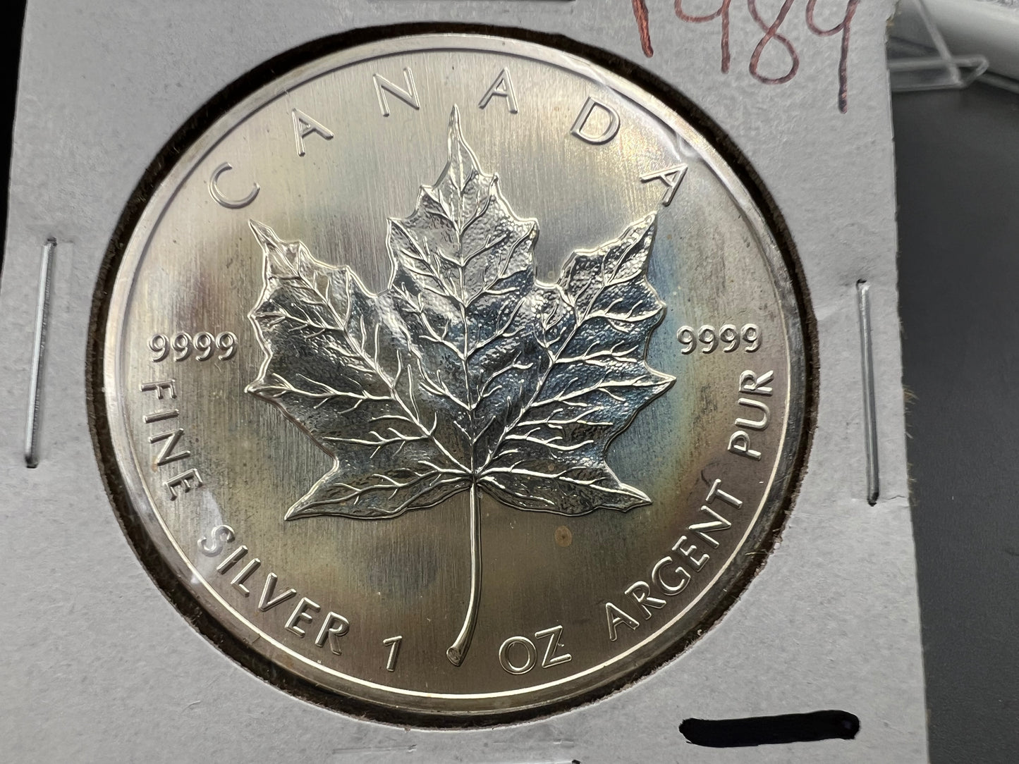1989 1 oz .9999 Ultra Fine Canada Silver Maple Leaf Coin GEM UNC PQ Toning Toner sk#a