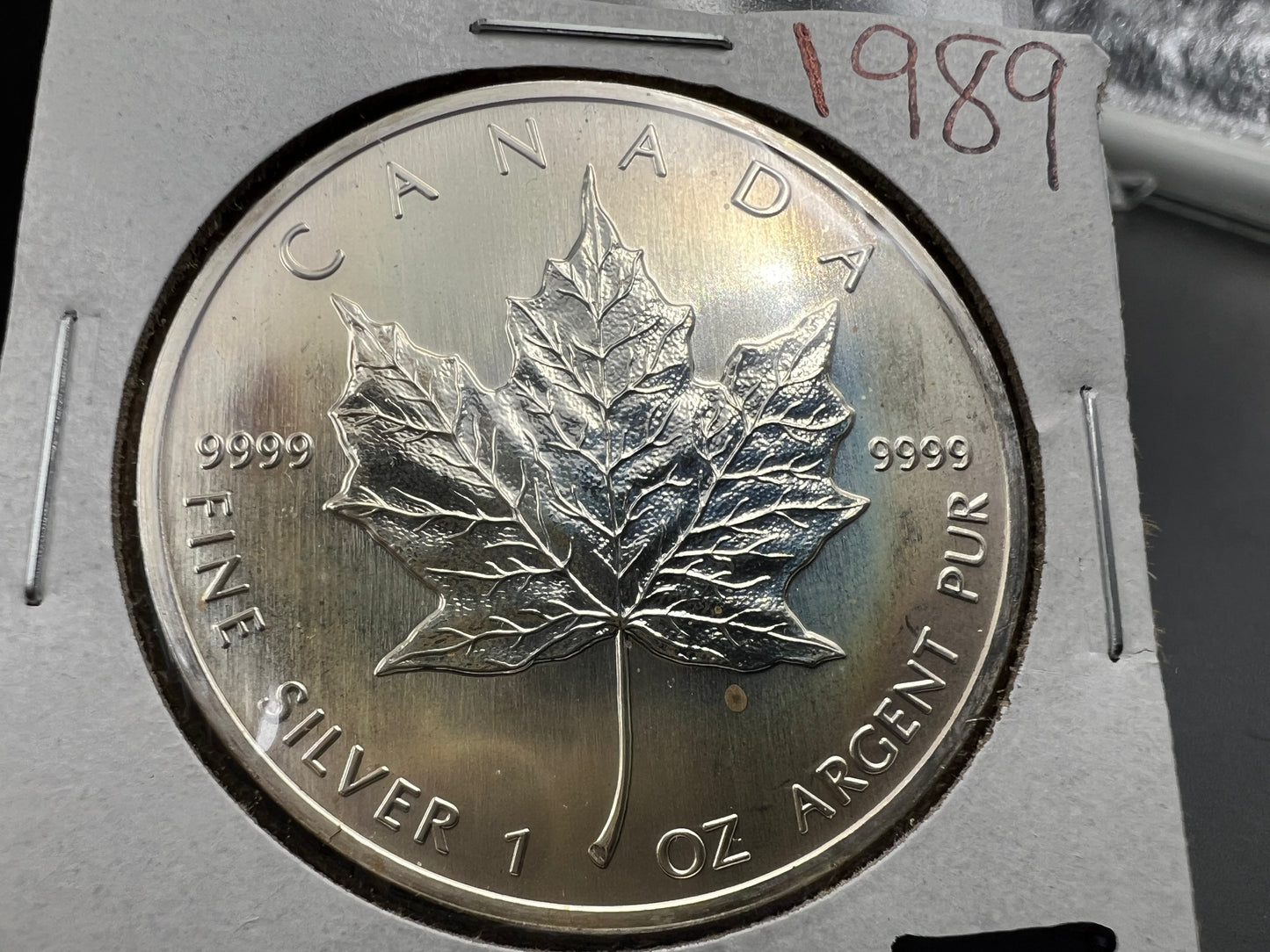 1989 1 oz .9999 Ultra Fine Canada Silver Maple Leaf Coin GEM UNC PQ Toning Toner sk#a