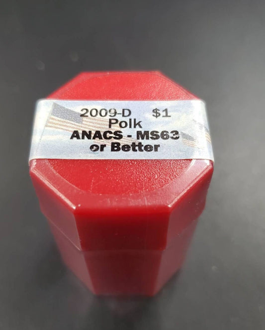 2009 D James K. Polk Presidential 20 Dollars Roll ANACS MS63 or Better Presidential Dollar Coins (Sealed Tube)