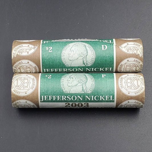 2 Rolls 2003 P and D Jefferson Nickel westward journey Nickels Privateer Ship Design 80 coins BU Rolls OBW Mint wrap