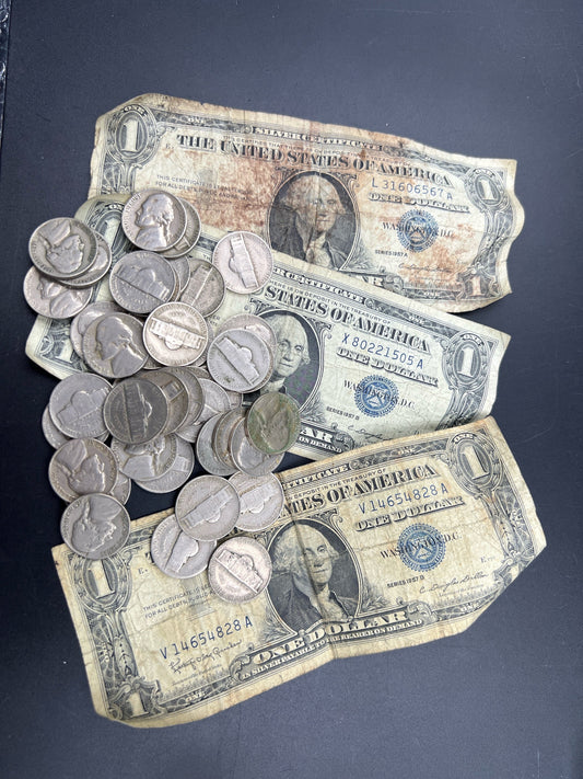Greaser Era Pocket Money 1946-1959 40 Coin Nickel Roll AVG Circ & 3 1957 Silver Certificates Very Circulated US Coin Currency Collection Lot