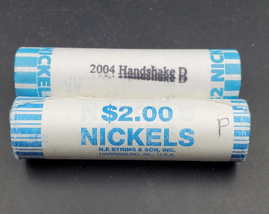 2 Rolls 2004 P and D Jefferson Nickel Peace Handshake 80 coins BU Bank Wrap Roll (head or Tail)