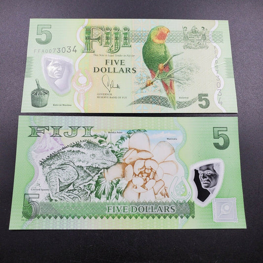 Fiji 5 Dollar 2012 2013 UNC POLYMER Bird Iguana Flower Animal Banknote Bill