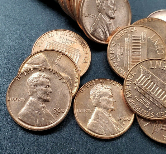 1960 D LD Large Date Lincoln Memorial Cent Penny 50 Coin BU Uncirculated Roll