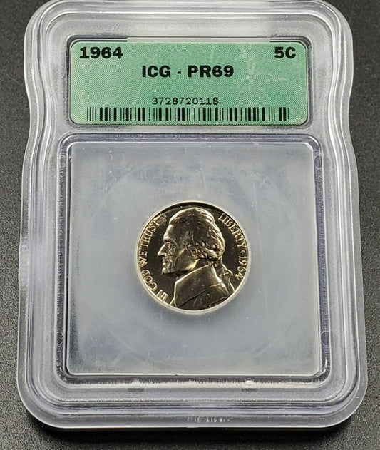 1964 P Jefferson Nickel Coin Vintage ICG Case PR69 Gem proof