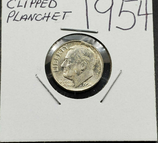 1954 P Philadelphia Roosevelt Silver Dime Clipped Planchet Error Toned BU UNC