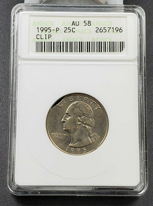 Large Planchet Clip 1995 P Washington Quarter ANACS AU58 Variety Coin
