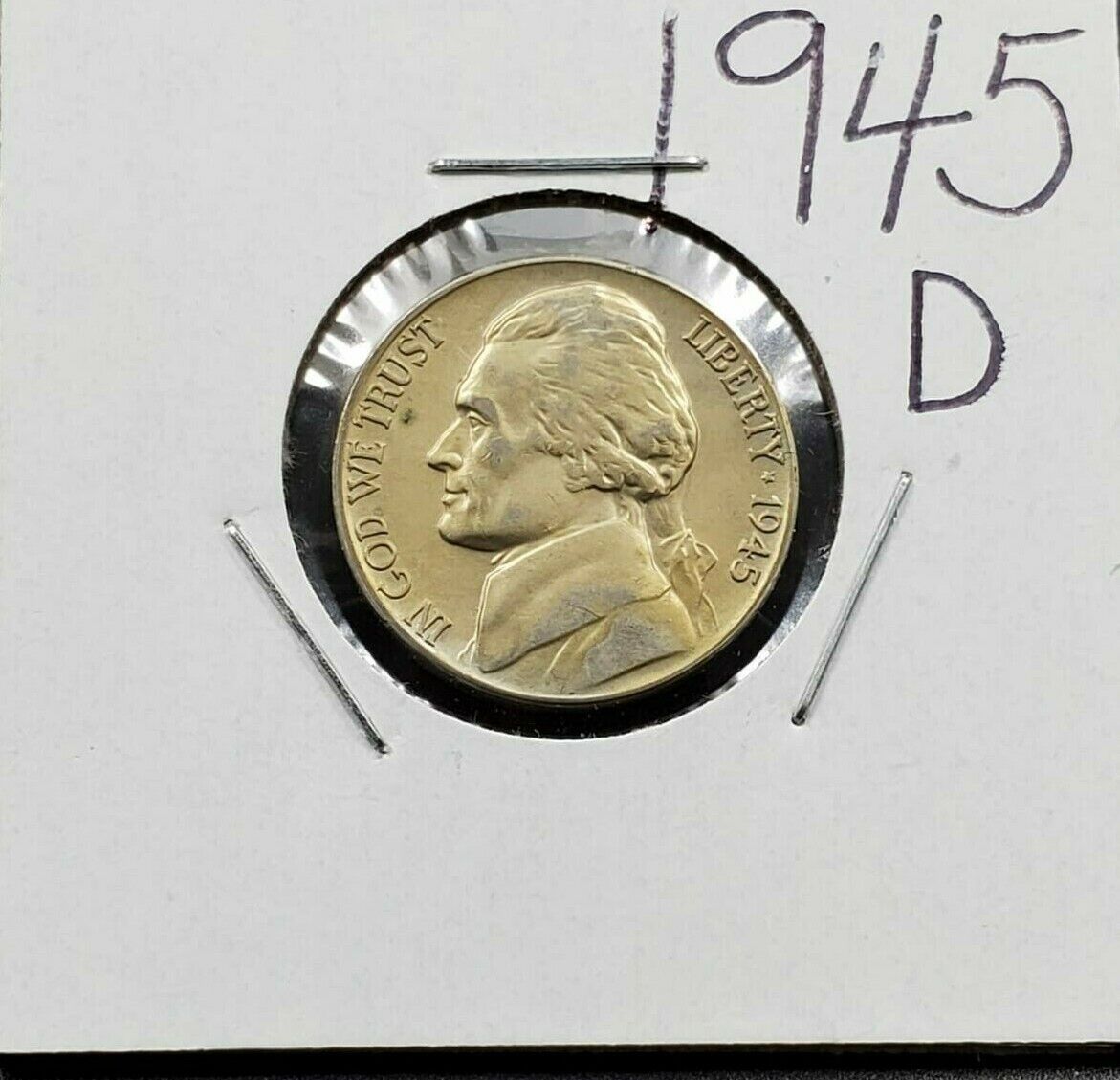 1945 D Jefferson Silver WW2 World War Two Nickel Coin AVG Uncirculated OBV Toned