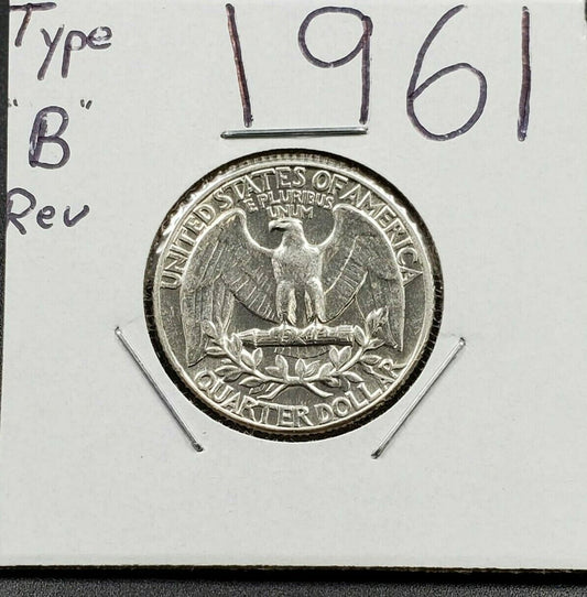 1961 Type B Reverse Variety Washington Silver Quarter Coin Average Uncirculated