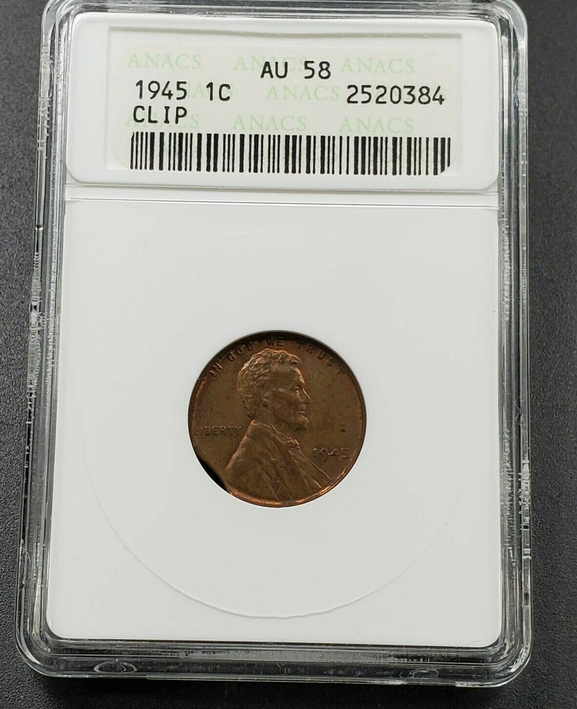 1945 P Lincoln Wheat Cent Penny Coin ANACS AU58 CLIPPED PLANCHET CLIP ERROR