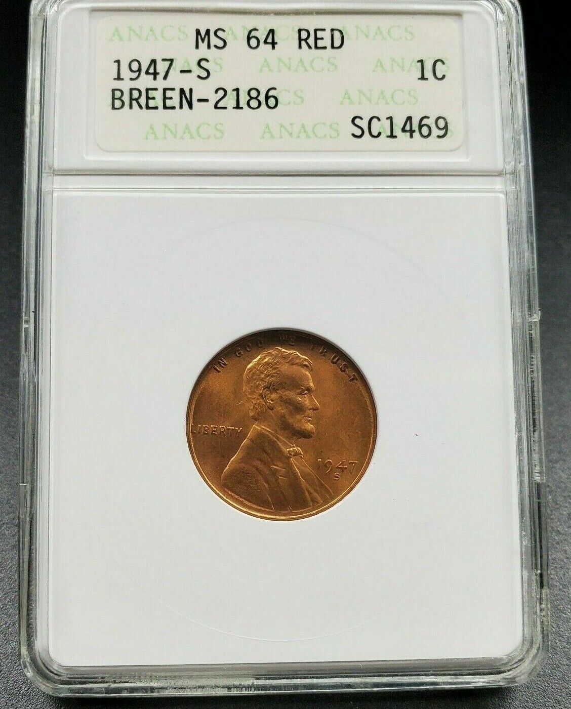 1947 S Lincoln Wheat Cent Penny RPM MS64 Red ANACS Breen-2186 Sans Serif S